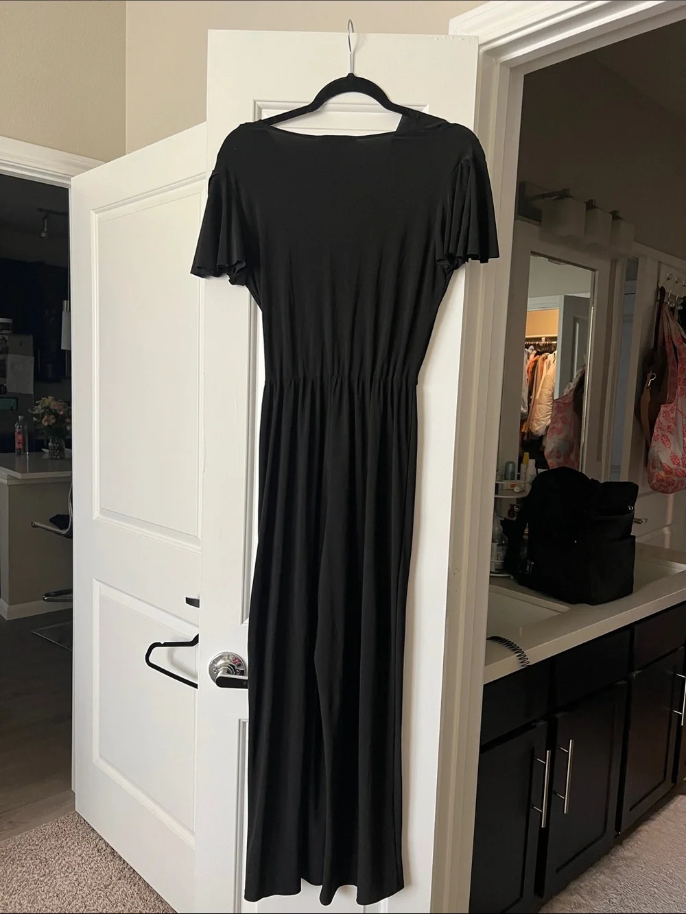 Women's Black Wrap-Front Short Sleeve Jumpsuit with Tie Waist